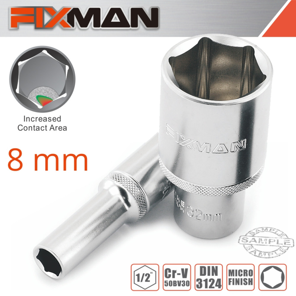 Fixman 1/2" Drive Deep Socket, 8mm, 6 point